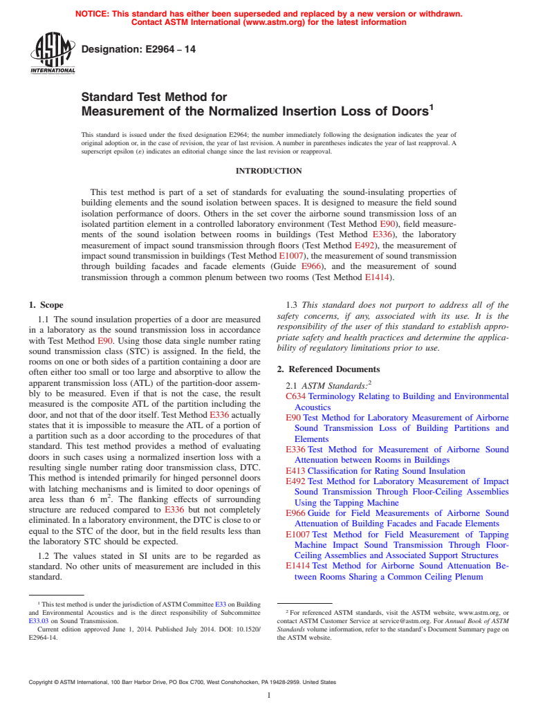 ASTM E2964-14 - Standard Test Method for Measurement of the Normalized Insertion Loss of Doors