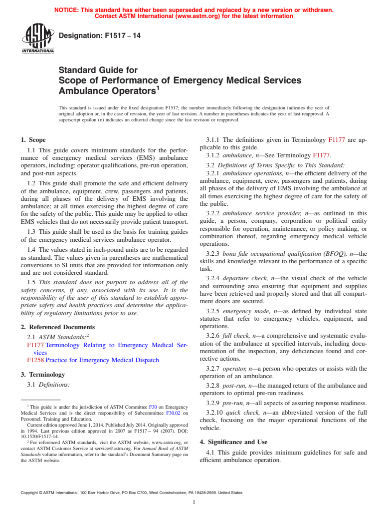 ASTM F1517-14 - Standard Guide for Scope of Performance of Emergency Medical Services Ambulance  Operators (Withdrawn 2023)