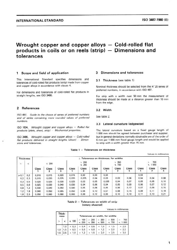 ISO 3487:1980 - Wrought copper and copper alloys -- Cold-rolled flat products in coils or on reels (strip) -- Dimensions and tolerances