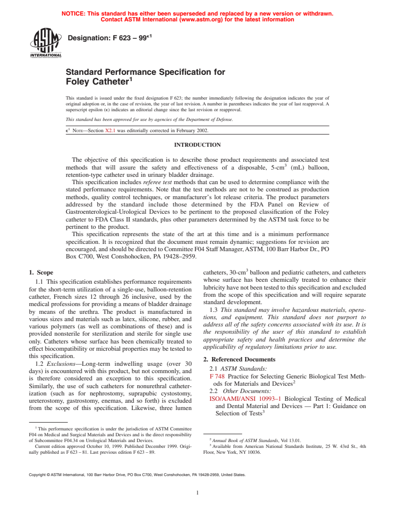 ASTM F623-99e1 - Standard Performance Specification for Foley Catheter