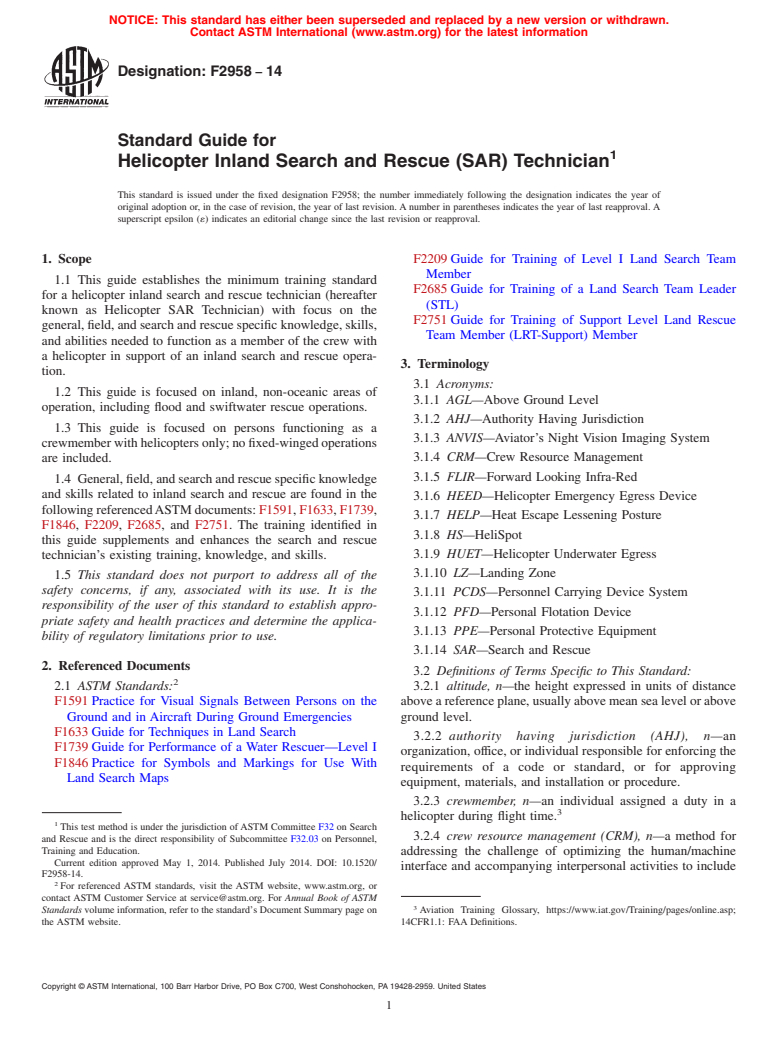 ASTM F2958-14 - Standard Guide for Helicopter Inland Search and Rescue &#40;SAR&#41; Technician