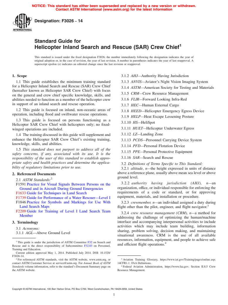 ASTM F3026-14 - Standard Guide for Helicopter Inland Search and Rescue &#40;SAR&#41; Crew Chief