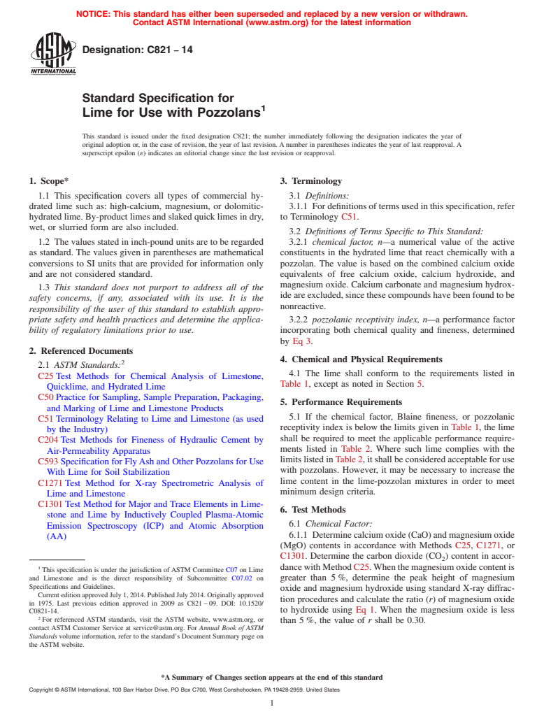 ASTM C821-14 - Standard Specification for Lime for Use with Pozzolans