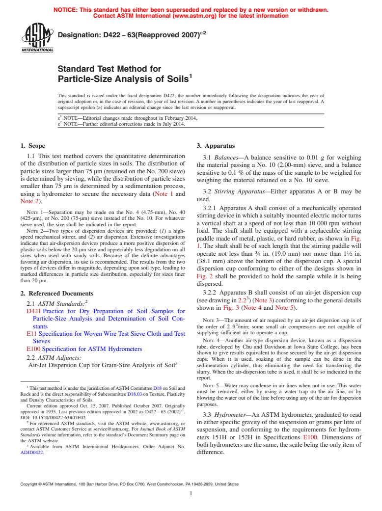 ASTM D422-63(2007)e2 - Standard Test Method for  Particle-Size Analysis of Soils (Withdrawn 2016)