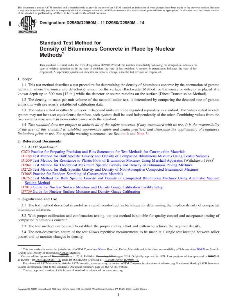 REDLINE ASTM D2950/D2950M-14 - Standard Test Method for  Density of Bituminous Concrete in Place by Nuclear Methods