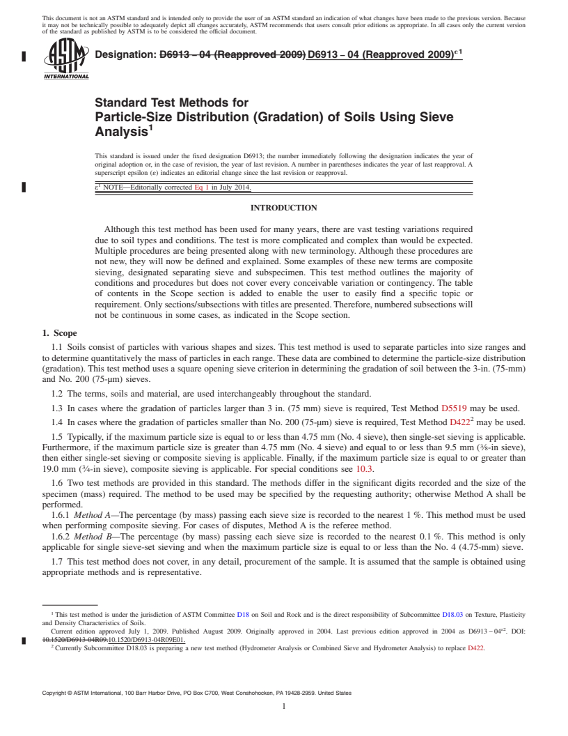 REDLINE ASTM D6913-04(2009)e1 - Standard Test Methods for  Particle-Size Distribution &#40;Gradation&#41; of Soils Using Sieve   Analysis