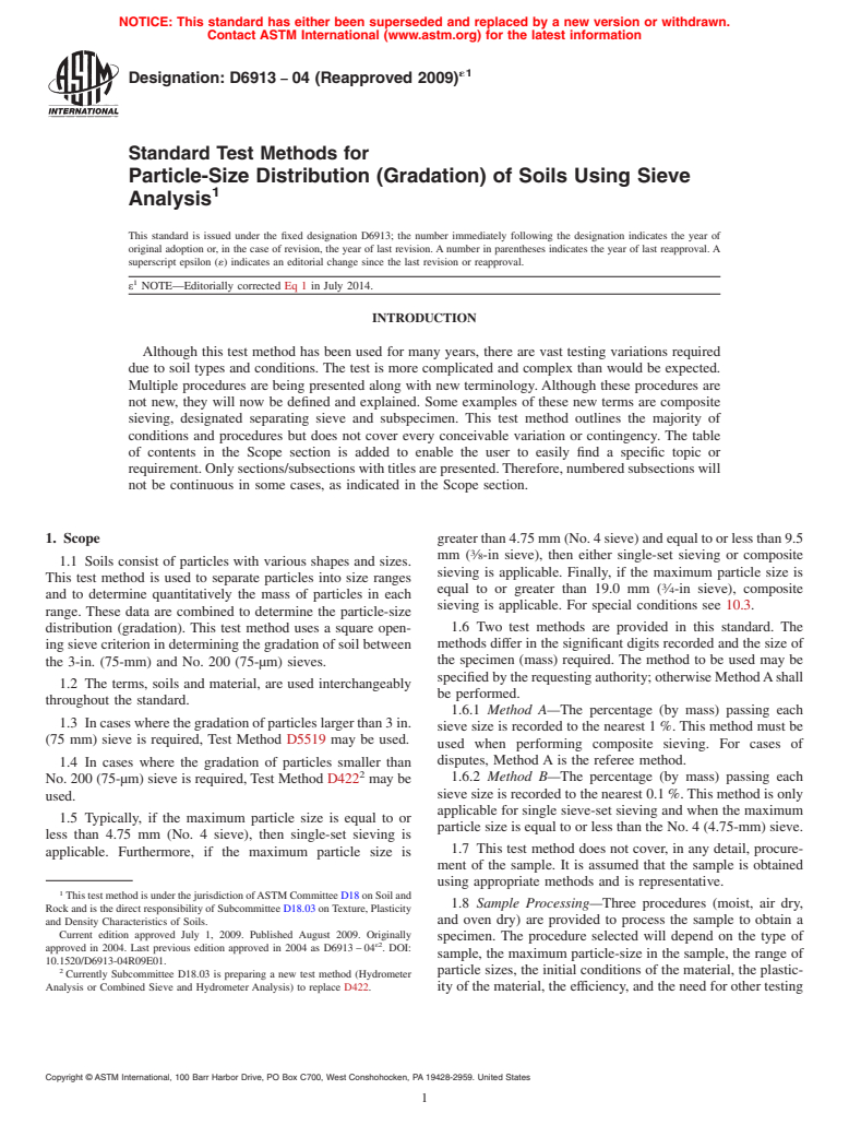 ASTM D6913-04(2009)e1 - Standard Test Methods for  Particle-Size Distribution &#40;Gradation&#41; of Soils Using Sieve   Analysis