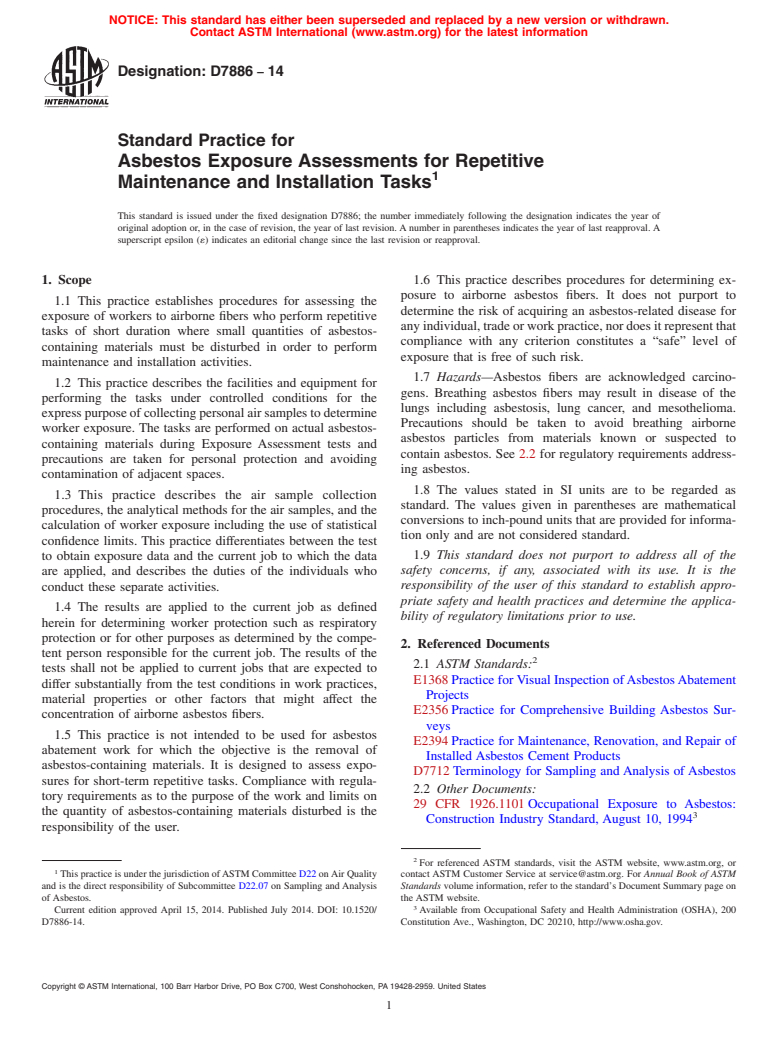 ASTM D7886-14 - Standard Practice for Asbestos Exposure Assessments for Repetitive Maintenance and  Installation Tasks