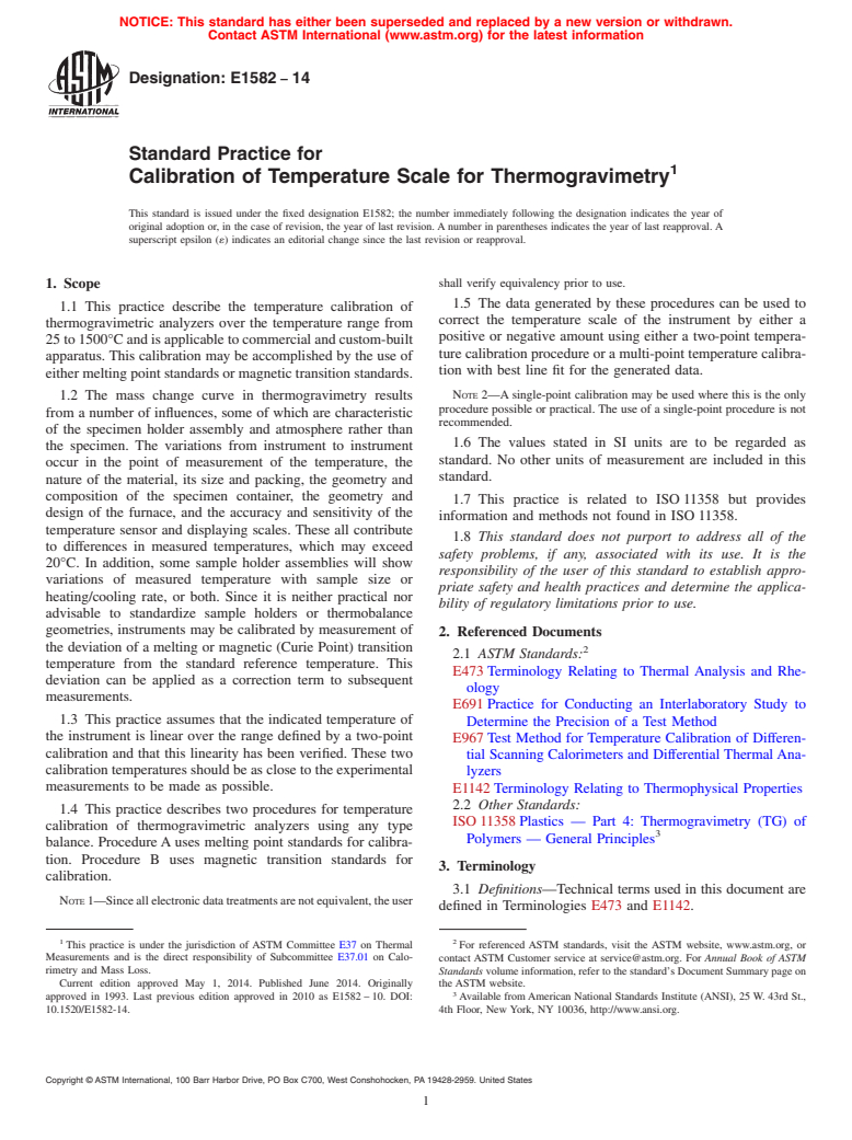 ASTM E1582-14 - Standard Practice for  Calibration of Temperature Scale for Thermogravimetry