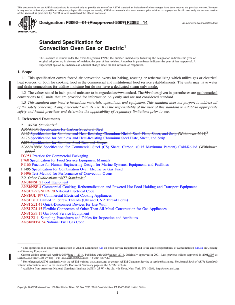 REDLINE ASTM F2092-14 - Standard Specification for  Convection Oven Gas or Electric