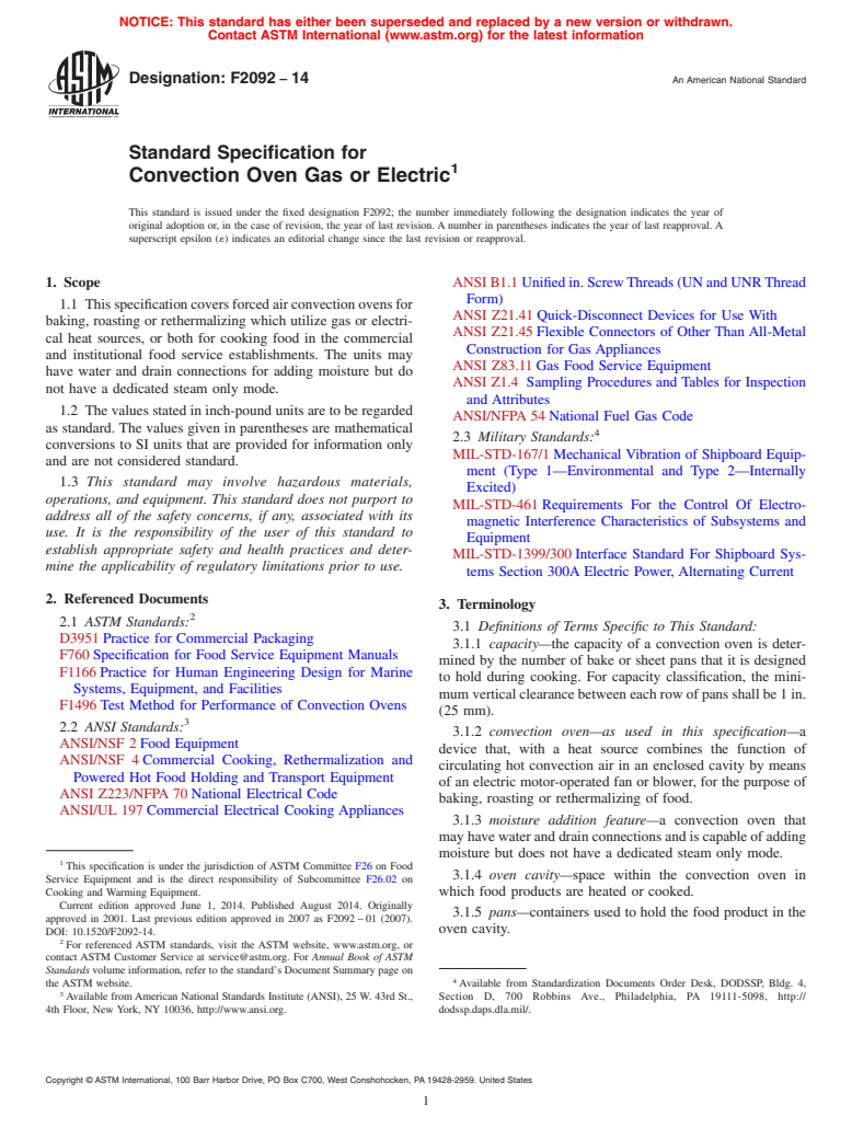 ASTM F2092-14 - Standard Specification for  Convection Oven Gas or Electric