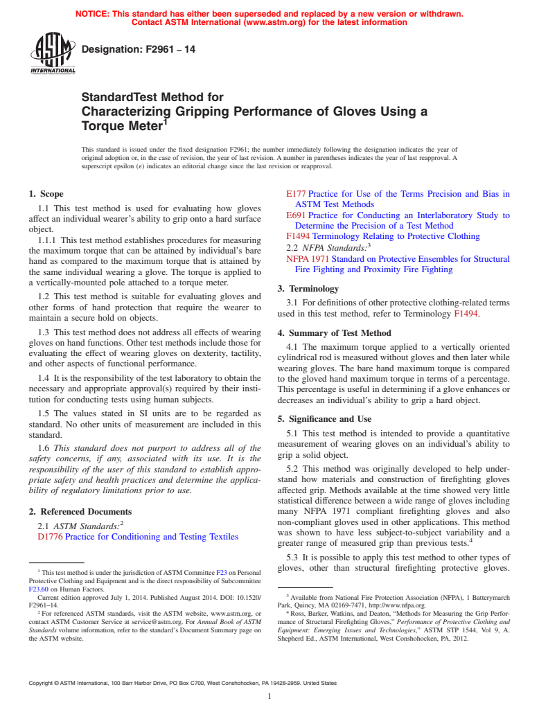 ASTM F2961-14 - Standard Test Method for Characterizing Gripping Performance of Gloves Using a Torque  Meter