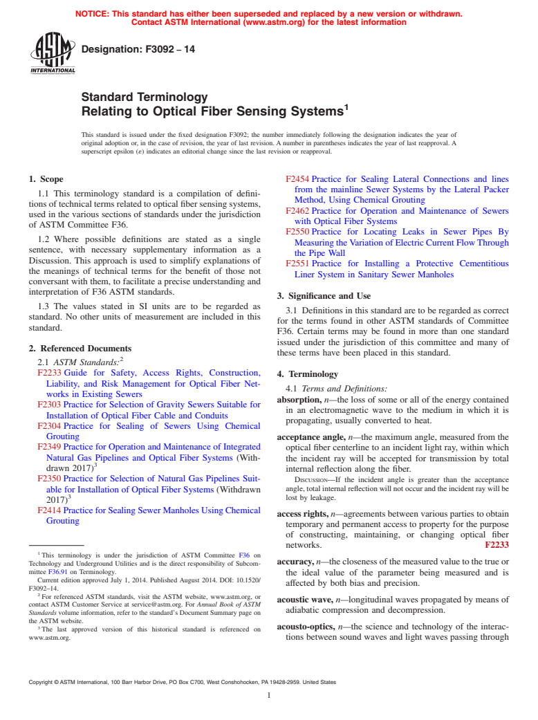 ASTM F3092-14 - Standard Terminology Relating to Optical Fiber Sensing Systems