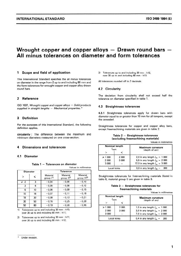 ISO 3489:1984 - Wrought copper and copper alloys -- Drawn round bars -- All minus tolerances on diameter and form tolerances