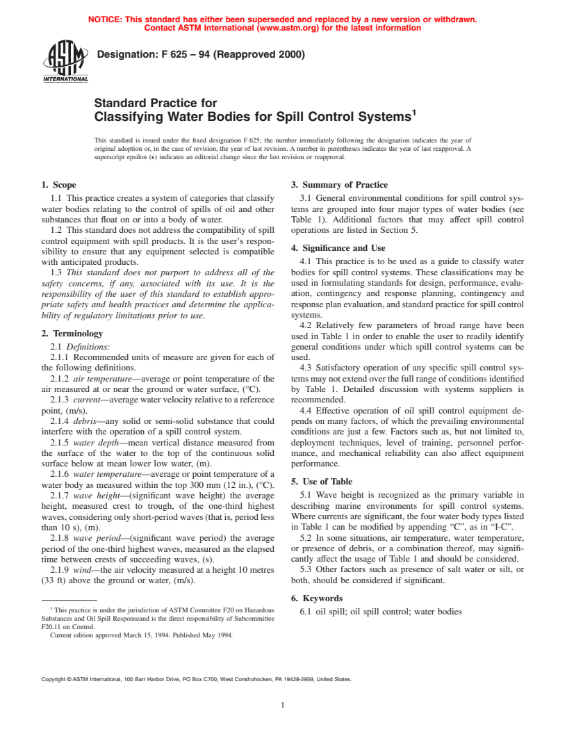 ASTM F625-94(2000) - Standard Practice for Classifying Water Bodies for Spill Control Systems