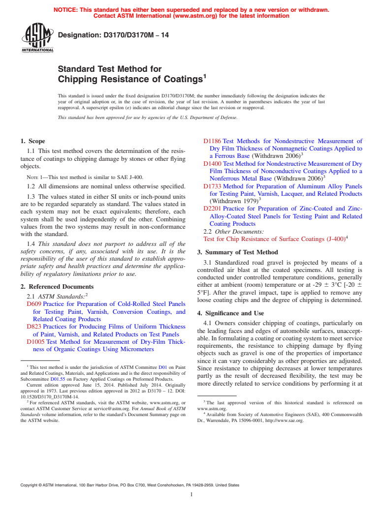 ASTM D3170/D3170M-14 - Standard Test Method for  Chipping Resistance of Coatings