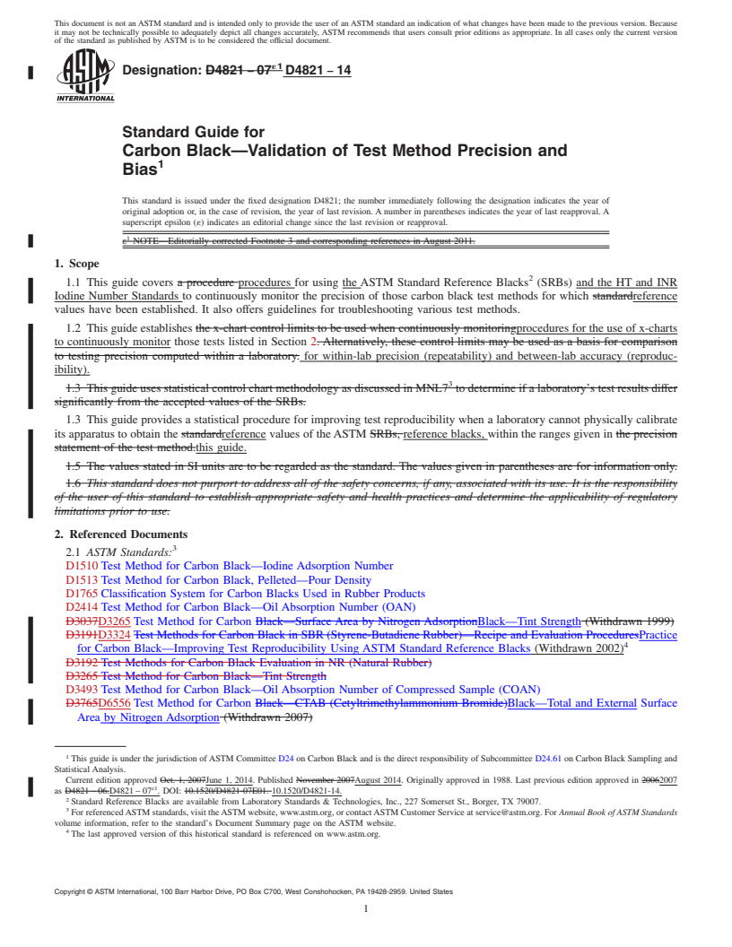 REDLINE ASTM D4821-14 - Standard Guide for  Carbon Black&mdash;Validation of Test Method Precision and  Bias