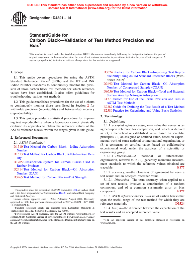 ASTM D4821-14 - Standard Guide for  Carbon Black&mdash;Validation of Test Method Precision and  Bias
