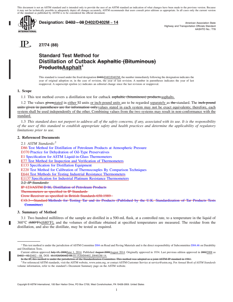 REDLINE ASTM D402/D402M-14 - Standard Test Method for  Distillation of Cutback Asphalt (Withdrawn 2023)