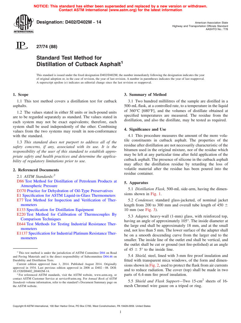 ASTM D402/D402M-14 - Standard Test Method for  Distillation of Cutback Asphalt (Withdrawn 2023)