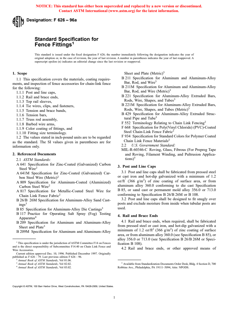 ASTM F626-96a - Standard Specification for Fence Fittings