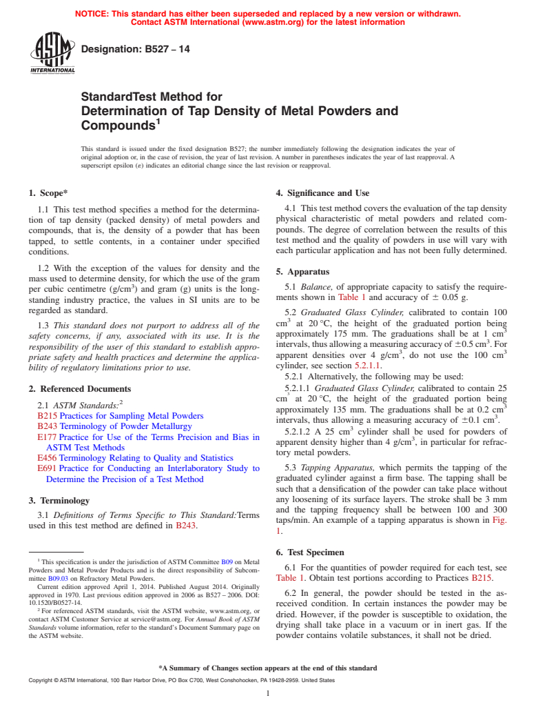 ASTM B527-14 - Standard Test Method for  Determination of Tap Density of Metal Powders and Compounds