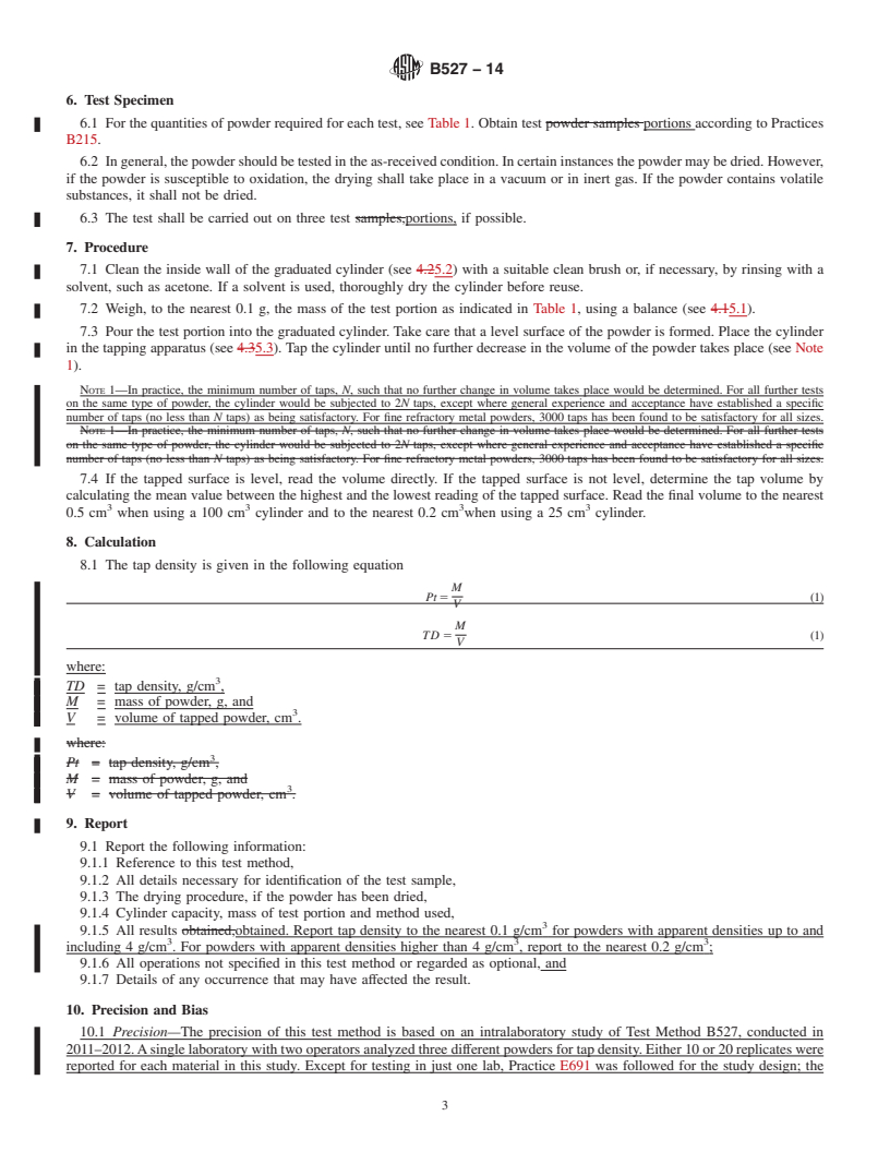 REDLINE ASTM B527-14 - Standard Test Method for  Determination of Tap Density of Metal Powders and Compounds