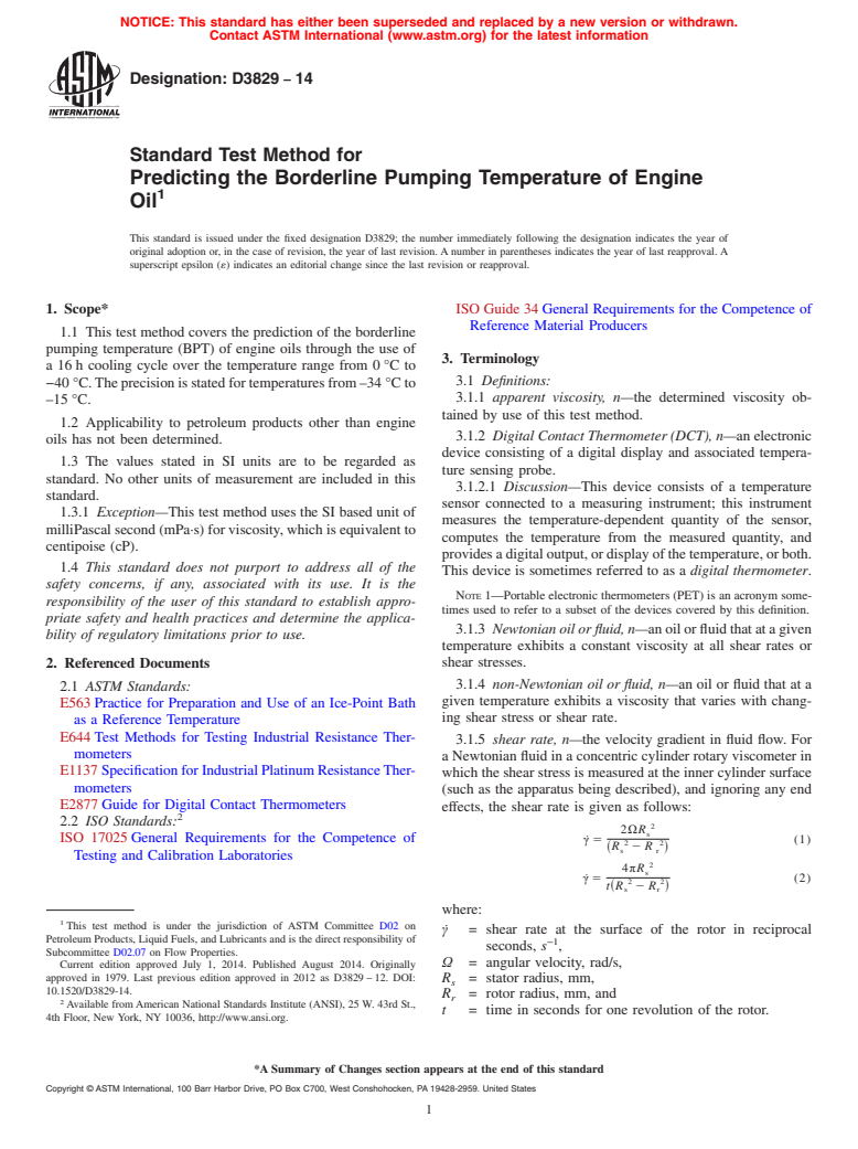 ASTM D3829-14 - Standard Test Method for Predicting the Borderline Pumping Temperature of Engine Oil