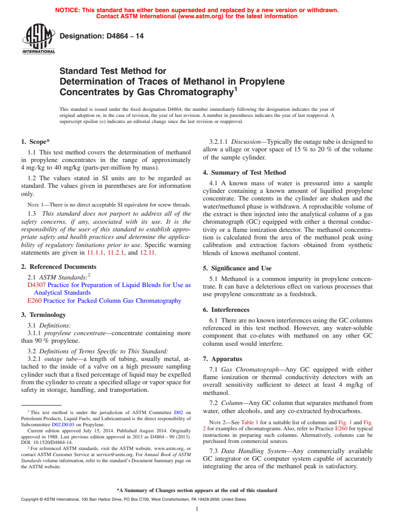 ASTM D4864-14 - Standard Test Method for  Determination of Traces of Methanol in Propylene Concentrates   by Gas Chromatography (Withdrawn 2016)