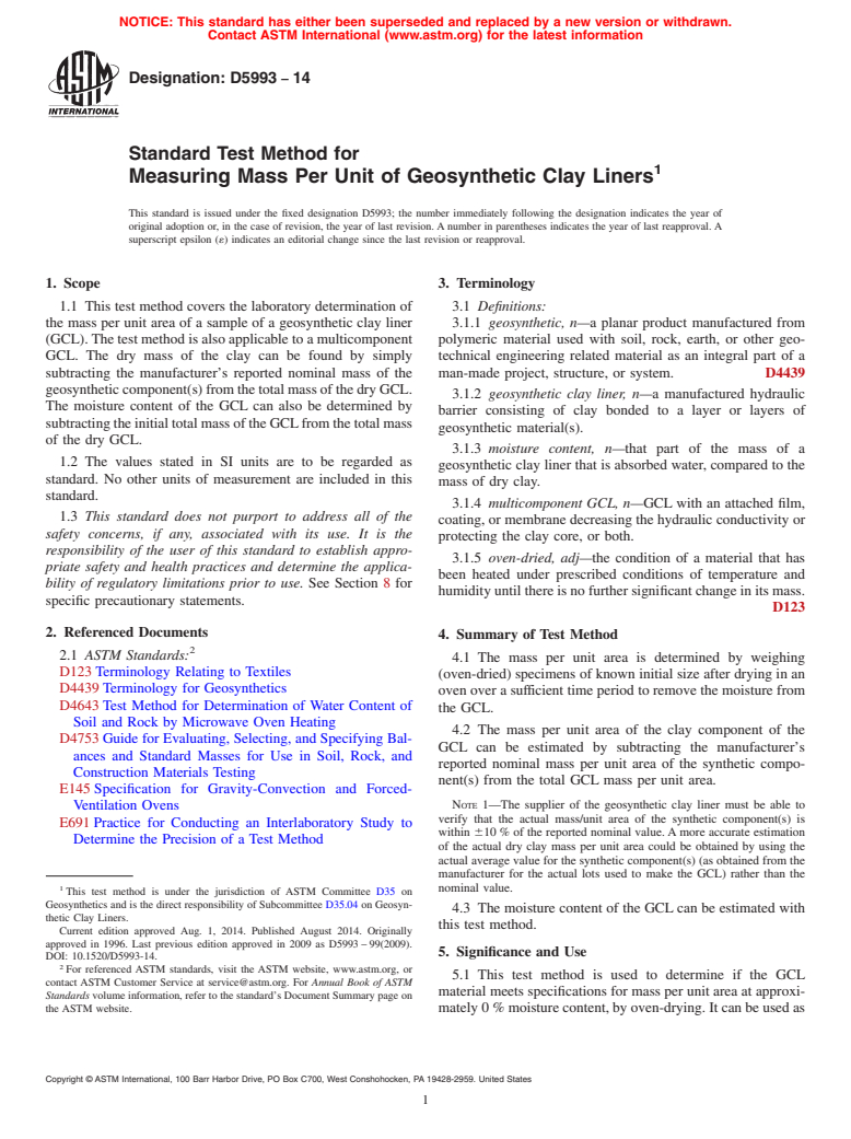 ASTM D5993-14 - Standard Test Method for Measuring Mass Per Unit of Geosynthetic Clay Liners