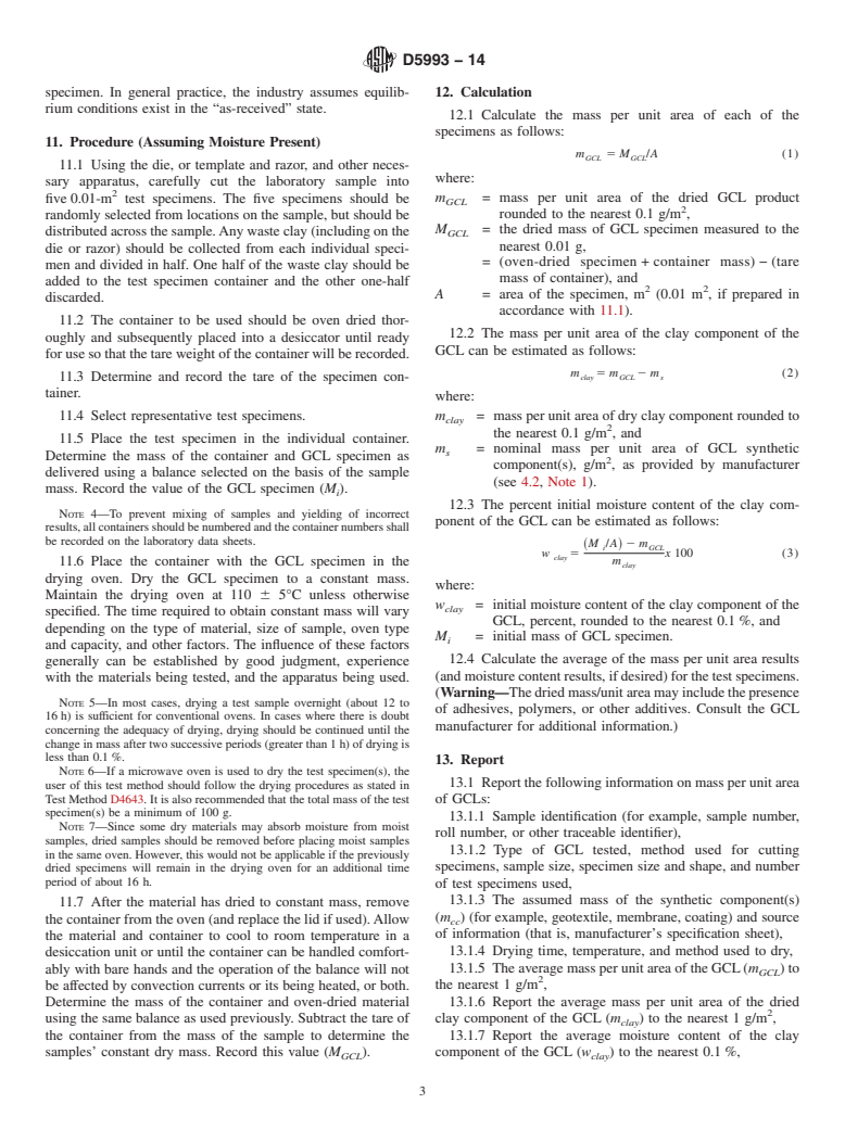 ASTM D5993-14 - Standard Test Method for Measuring Mass Per Unit of Geosynthetic Clay Liners