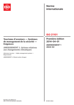 ISO 21101:2014/Amd 1:2024 - Tourisme d'aventure — Systèmes de management de la sécurité — Exigences — Amendement 1: Actions relatives aux changements climatiques
Released:23. 02. 2024 - Page 1 preview