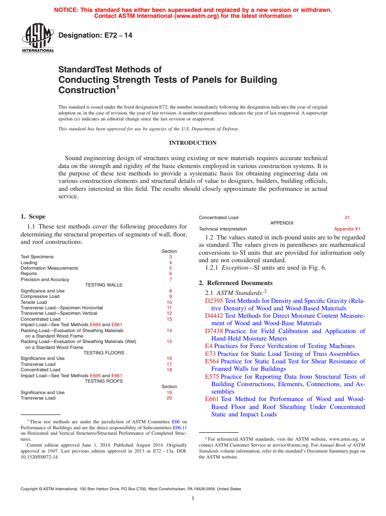 ASTM E72-14 - Standard Test Methods of Conducting Strength Tests of Panels for Building Construction