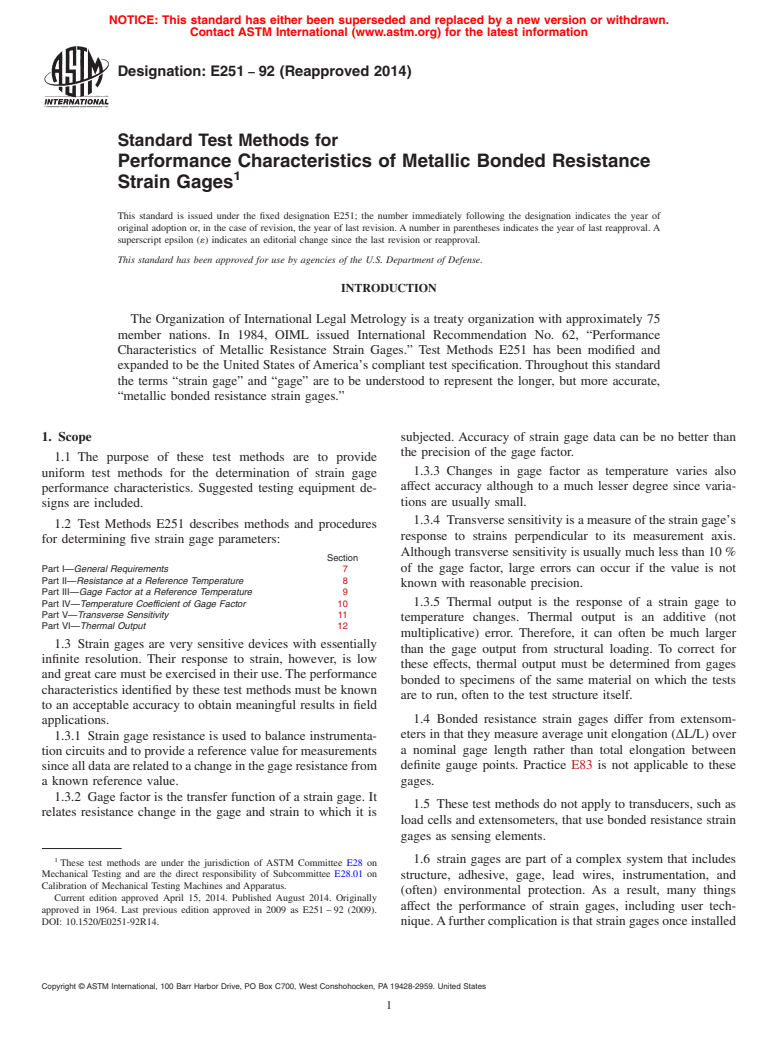 ASTM E251-92(2014) - Standard Test Methods for  Performance Characteristics of Metallic Bonded Resistance Strain  Gages