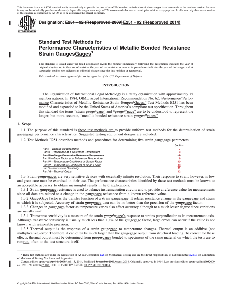 REDLINE ASTM E251-92(2014) - Standard Test Methods for  Performance Characteristics of Metallic Bonded Resistance Strain  Gages