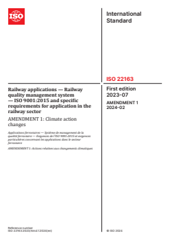 ISO 22163:2023/Amd 1:2024 - Railway applications — Railway quality management system — ISO 9001:2015 and specific requirements for application in the railway sector — Amendment 1: Climate action changes
Released:23. 02. 2024 - Page 1 preview