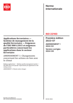 ISO 22163:2023/Amd 1:2024 - Applications ferroviaires — Système de management de la qualité ferroviaire — Exigences de l'ISO 9001:2015 et exigences particulières concernant les applications dans le secteur ferroviaire — Amendement 1: Changements concernant les actions en lien avec le climat
Released:8/30/2024 - Page 1 preview