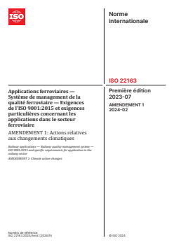 ISO 22163:2023/Amd 1:2024 - Applications ferroviaires — Système de management de la qualité ferroviaire — Exigences de l'ISO 9001:2015 et exigences particulières concernant les applications dans le secteur ferroviaire — Amendement 1: Actions relatives aux changements climatiques
Released:23. 02. 2024 - Page 1 preview