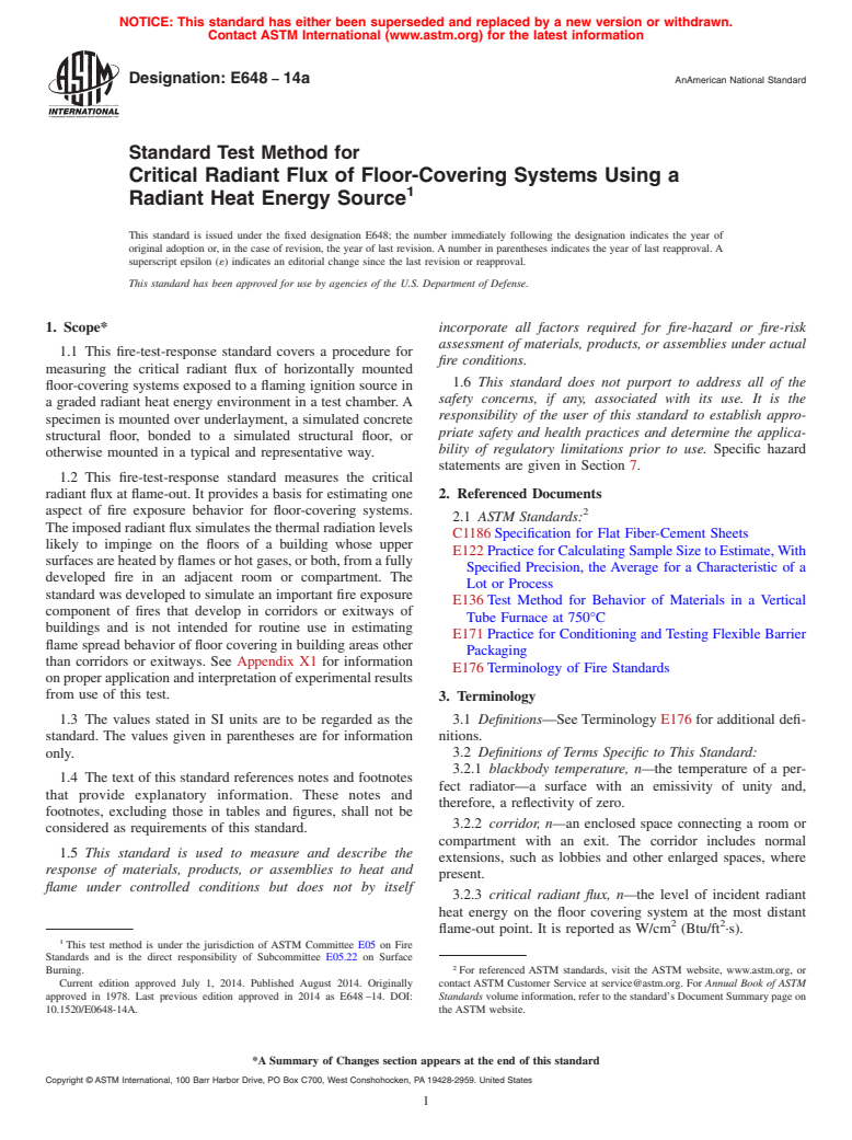 ASTM E648-14a - Standard Test Method for  Critical Radiant Flux of Floor-Covering Systems Using a Radiant  Heat Energy Source