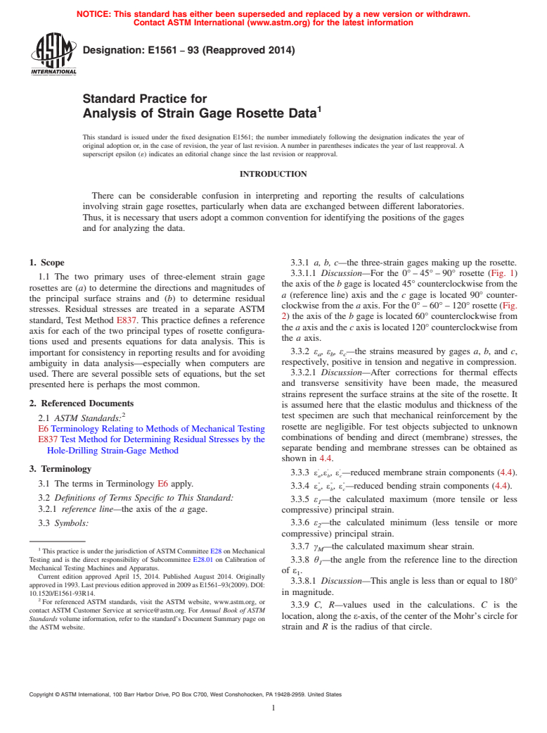 ASTM E1561-93(2014) - Standard Practice for  Analysis of Strain Gage Rosette Data