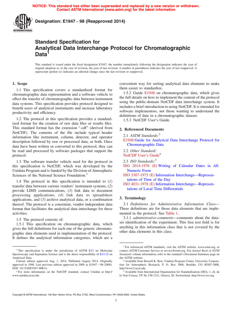 ASTM E1947-98(2014) - Standard Specification for Analytical Data Interchange Protocol for Chromatographic Data