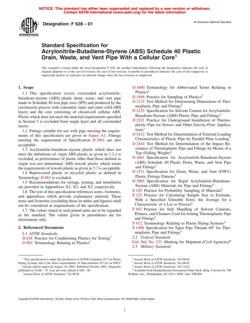 ASTM F628-01 - Standard Specification for Acrylonitrile-Butadiene-Styrene (ABS) Schedule 40 Plastic Drain, Waste, and Vent Pipe With a Cellular Core