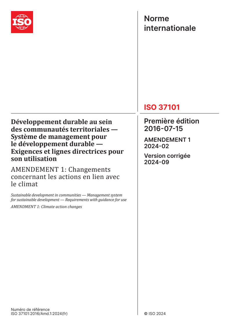 ISO 37101:2016/Amd 1:2024 - Développement durable au sein des communautés territoriales — Système de management pour le développement durable — Exigences et lignes directrices pour son utilisation — Amendement 1: Changements concernant les actions en lien avec le climat
Released:8/30/2024