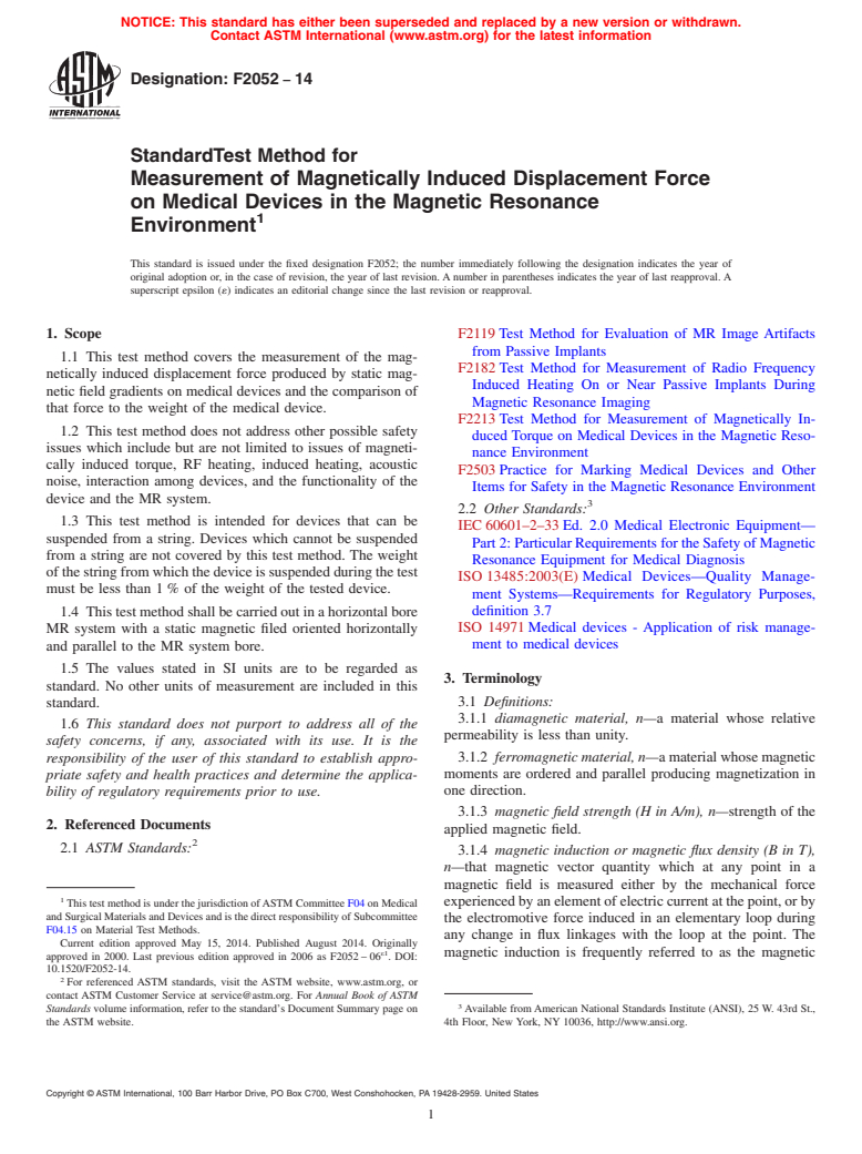 ASTM F2052-14 - Standard Test Method for Measurement of Magnetically Induced Displacement Force on Medical  Devices in the Magnetic Resonance Environment