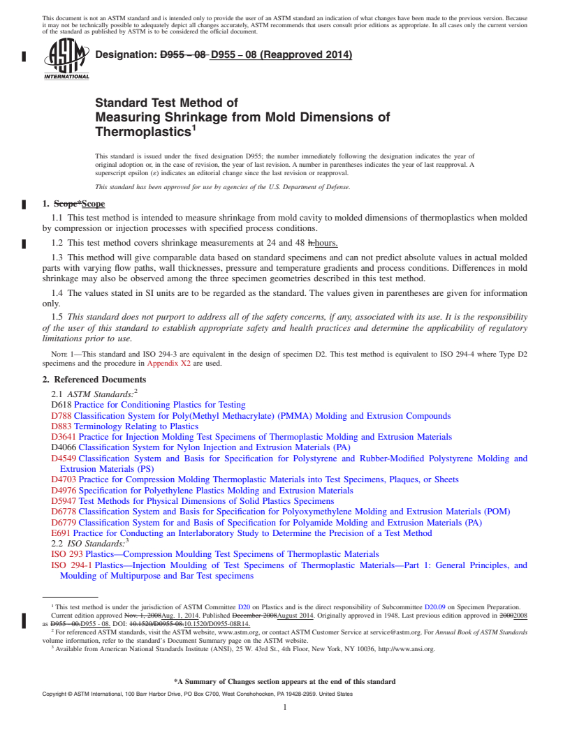 REDLINE ASTM D955-08(2014) - Standard Test Method of  Measuring Shrinkage from Mold Dimensions of Thermoplastics