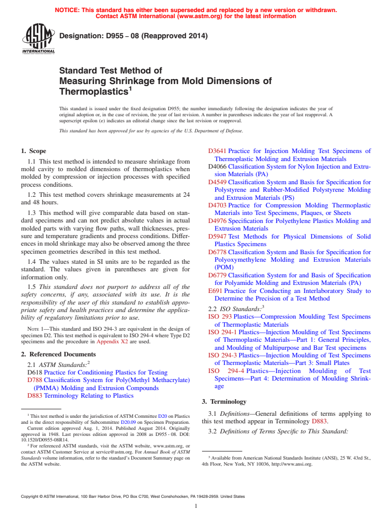 ASTM D955-08(2014) - Standard Test Method of  Measuring Shrinkage from Mold Dimensions of Thermoplastics