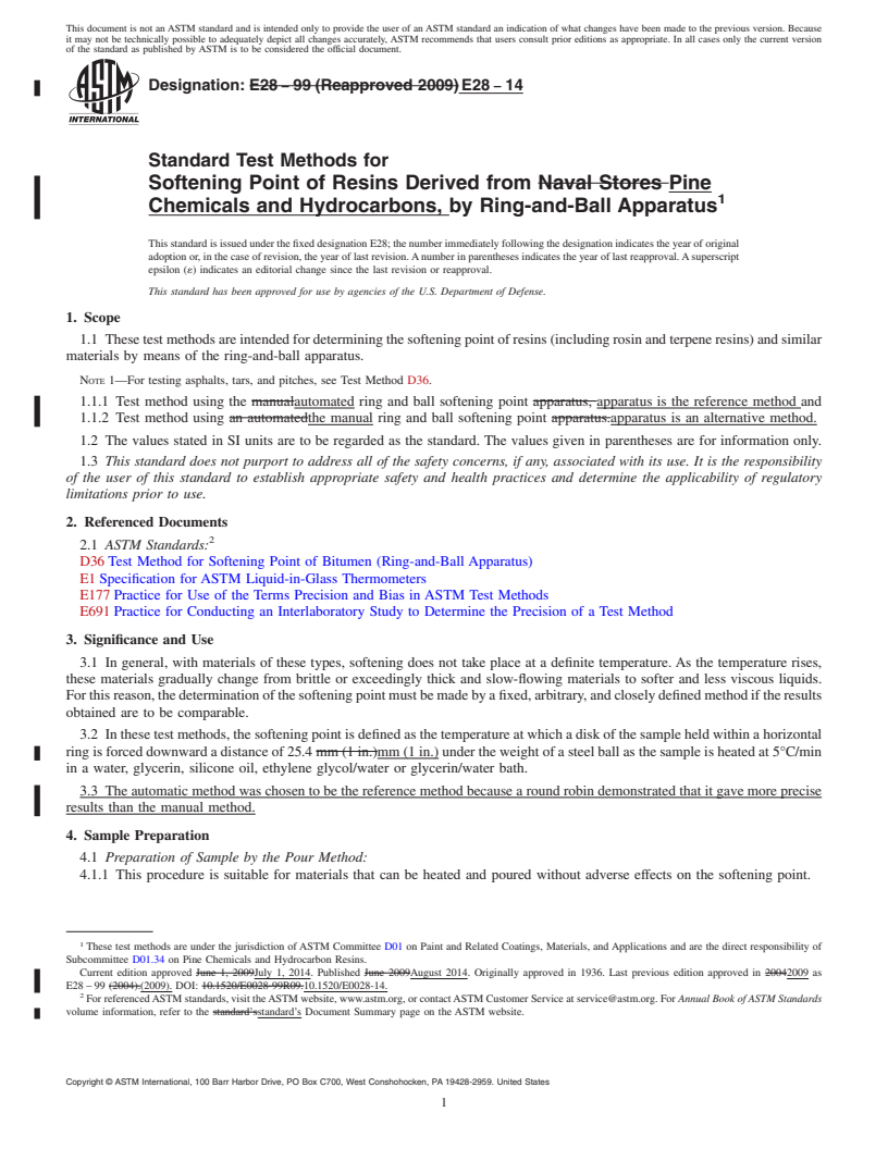 REDLINE ASTM E28-14 - Standard Test Methods for Softening Point of Resins Derived from Pine Chemicals and Hydrocarbons,  by Ring-and-Ball  Apparatus