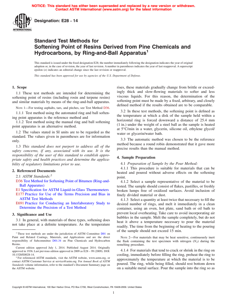 ASTM E28-14 - Standard Test Methods for Softening Point of Resins Derived from Pine Chemicals and Hydrocarbons,  by Ring-and-Ball  Apparatus