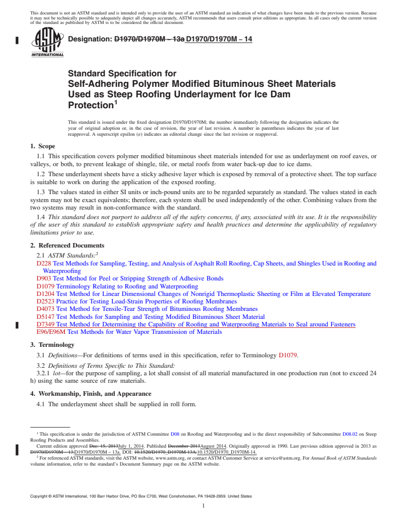 REDLINE ASTM D1970/D1970M-14 - Standard Specification for  Self-Adhering Polymer Modified Bituminous Sheet Materials Used   as Steep Roofing Underlayment for Ice Dam Protection