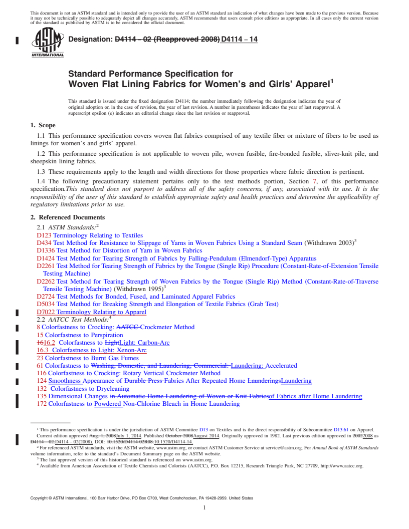 REDLINE ASTM D4114-14 - Standard Performance Specification for  Woven Flat Lining Fabrics for Women&rsquo;s and Girls&rsquo; Apparel